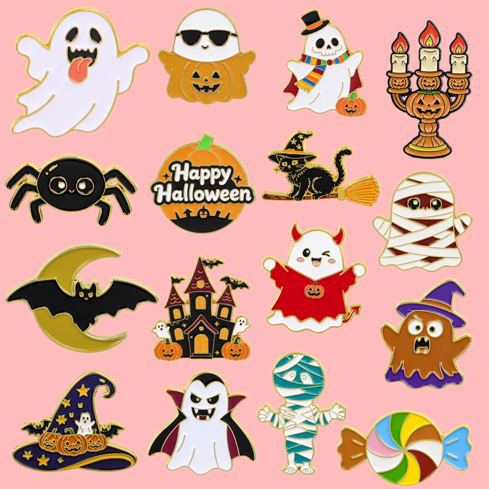 Halloween Enamel Pins Cute Ghost Pumpkin Mummy Witch Cat Lapel Brooches Horror Cartoon Badges Jacket Backpack Decor Party Gift