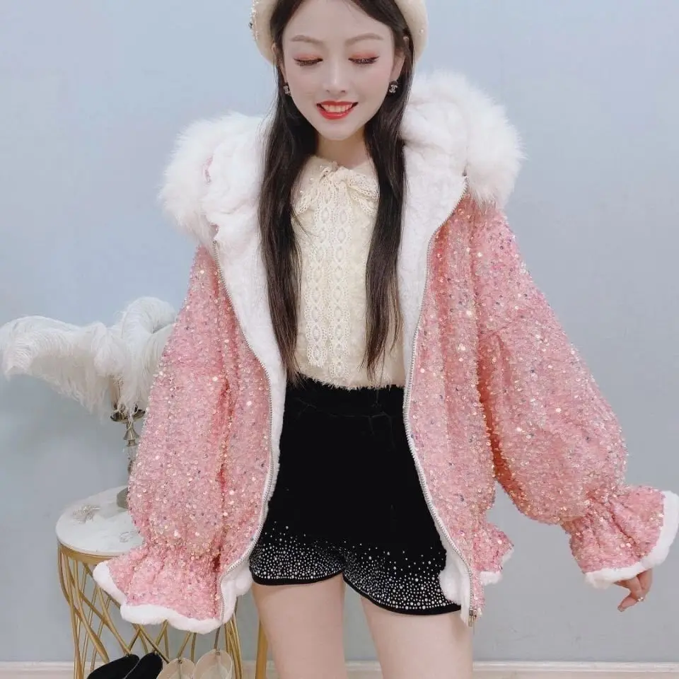 レディースジャケット 冬用 厚手コットン服 大きなファーカラー付きコート スパンコールがおしゃれ