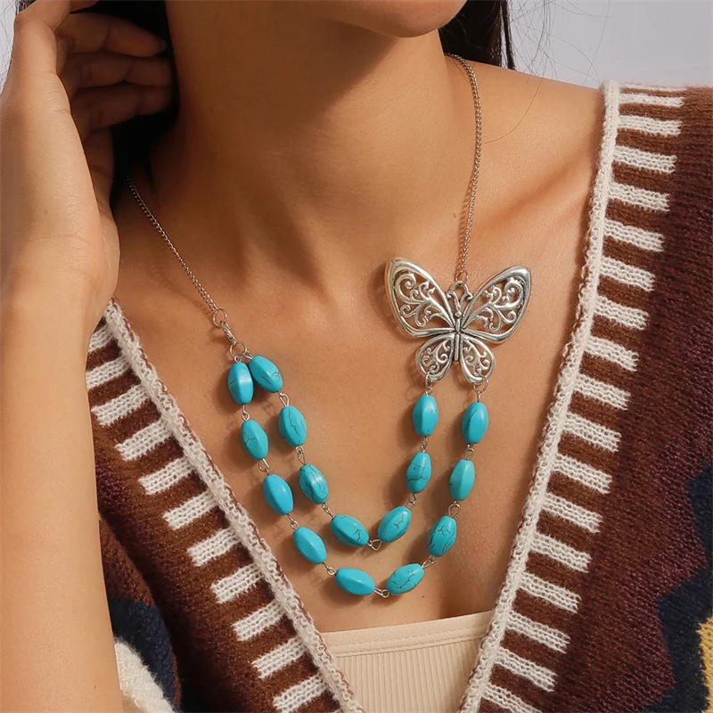 Aihua Bohemia Turquoise Stone Butterfly Necklace for Women Choker Collier Femme Ethnic Necklaces Statement Jewelry