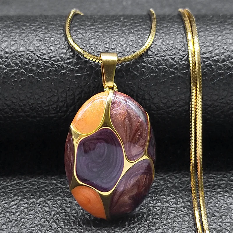 Trendige Rosa Blaue Schwarze Charm-Oval-Anhänger-Halsketten für Frauen und Mädchen, Edelstahl, Goldfarben, Damen-Kette, Boho-Geschenk-Schmuck – Detail 6