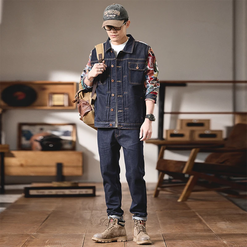 High quality Japanese casual ethnic style denim jacket men's retro loose jacket workwear set clothes suits for men - view 2