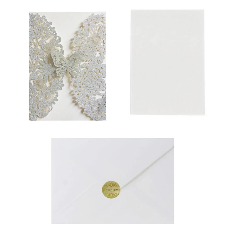 Juego de tarjetas de invitación de mariposa, invitaciones de boda de encaje con sobres, 20 unidades