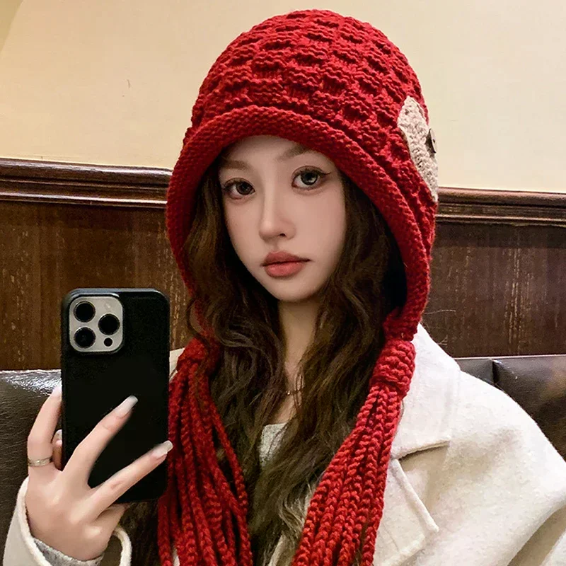 Handmade Knitted Hat For Women Winter Warm Ear Protection Cap Lady Female Korean Crochet Pullover Hats