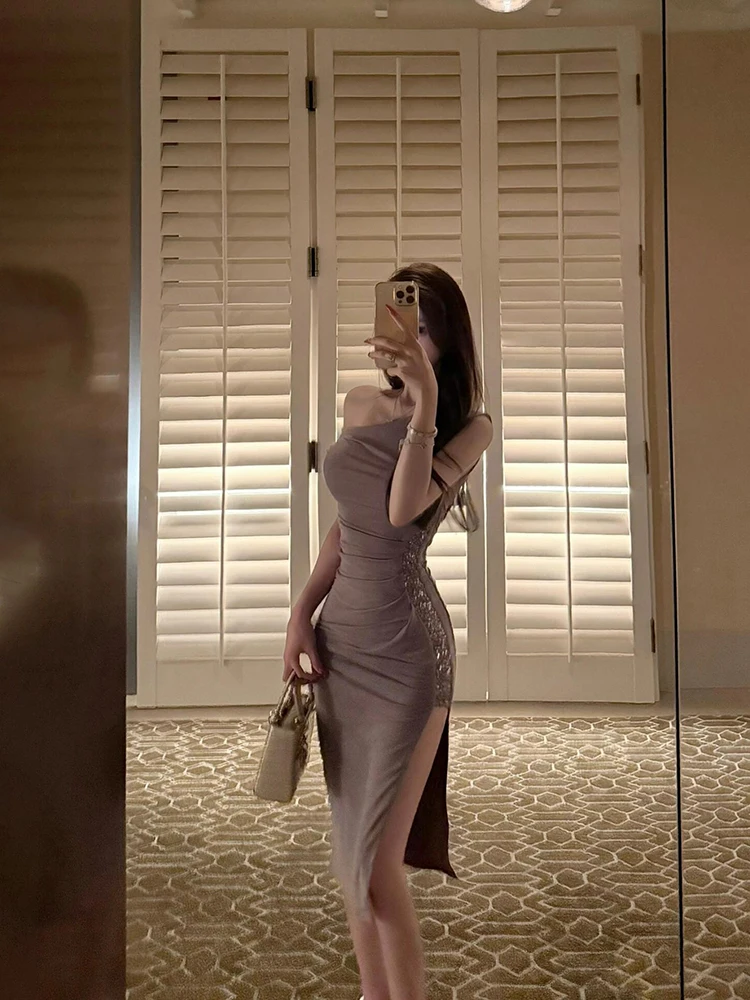 

STAZF7 Sexy Plumpmm Summer Pure Desire Asymmetrical Shoulder Long Skirt Women's Wrap Body Skirt Waist Cinching Midi Dress