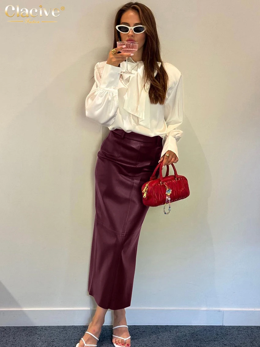 Clacive Fashion Slim Wine Red Pu Leather Skirts For Women Bodycon High Waist Midi Skirt Elegant Classic Skirt Female Clothing