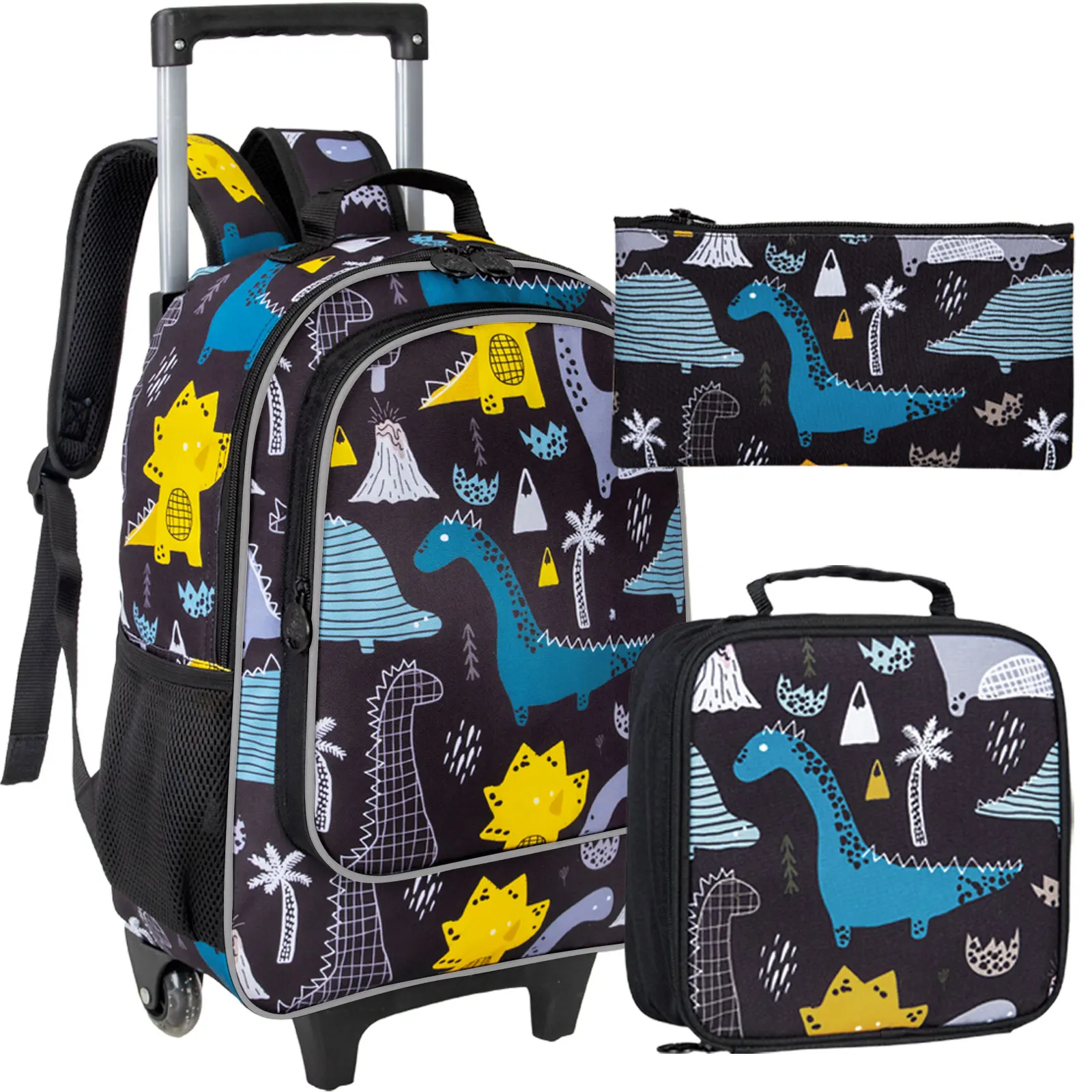 

3PCS Rolling Backpack for Boys, Roller School Backpack with Wheels, Kids Music Dinosaur Wheeled Bookbag for Elementary Preschool