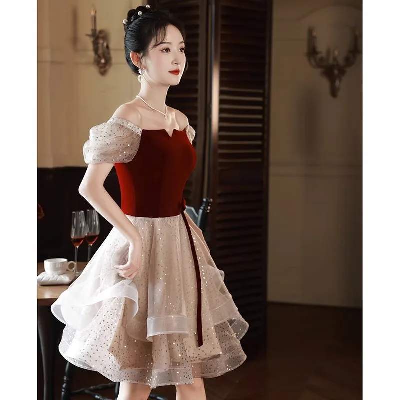 Wine Red Square Collar Evening Dress Princess  Puff Sleeve Lace Up bow Engagement Dresses French Long/Short Sequin Ball Gown