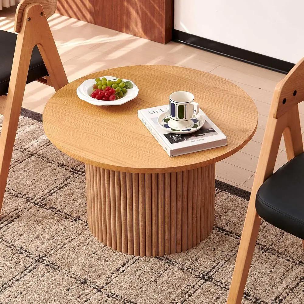 

27-inch Round Oak Veneer Coffee Table for Living Room, Modern Century Style Drum Accent Centerpiece