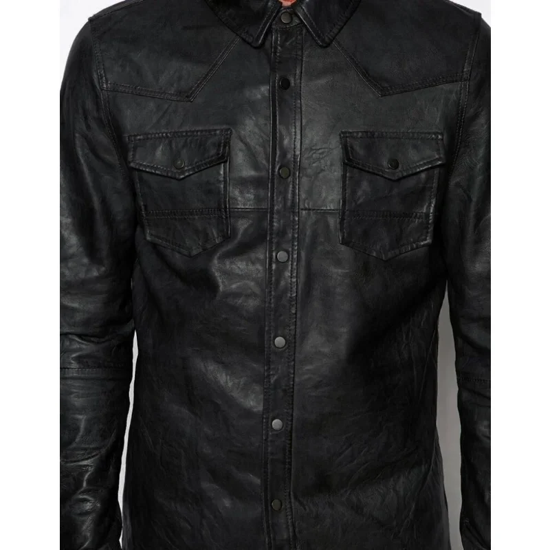 Mens Shirt Jacket Black Real Soft Genuine Lambskin Washed Waxed Leather Shirt