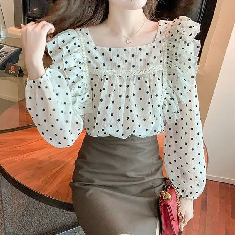 Babados gola quadrada solto retalhos primavera verão senhoras blusa coreano polka dot impressão manga puff fina roupas graça chiffon