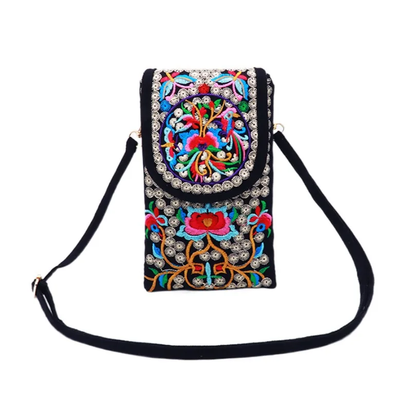 New ethnic style embroidered bag women\'s mobile phone bag clamshell canvas crossbody bag Double mobile phone bag purse