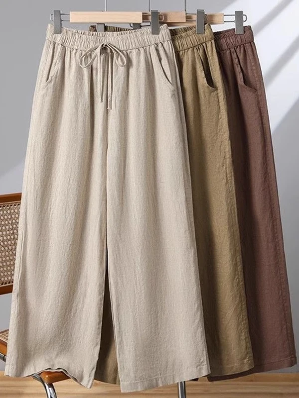 

Широкие брюки из хлопка и льна с высокой талией, женская летняя одежда в стиле дзен, прямые повседневные брюки тай-чи, драпированные брюки с девятью точками