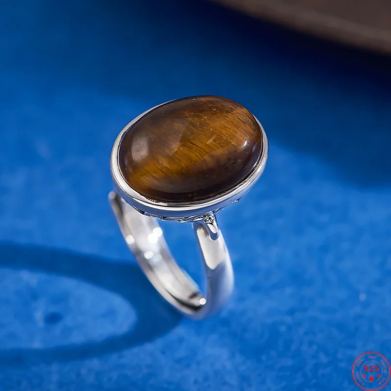 

S925 Sterling Silver Rings for Women Men Retro Hollow Pattern Inlaid Tiger's Eye Minimalist Fashion Punk Jewelry Wholesale