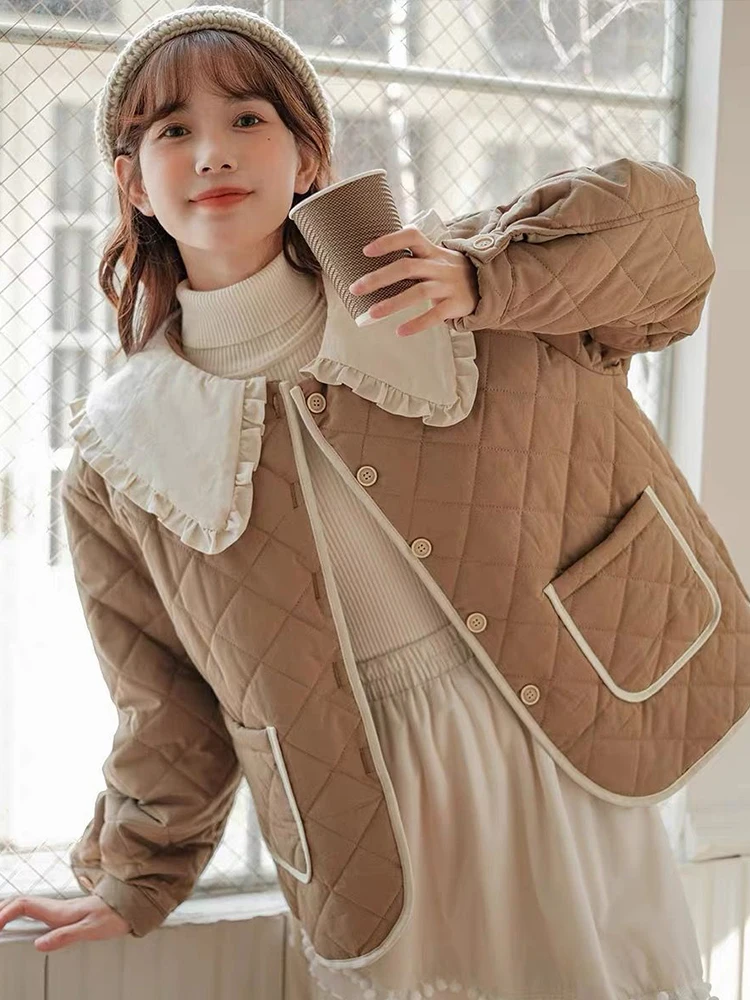 Abrigos de plumón para mujer, chaquetas de algodón con cuello Peter Pan, ropa de abrigo ligera, informal, suelta, Kawaii, japonesa, dulce, Otoño e