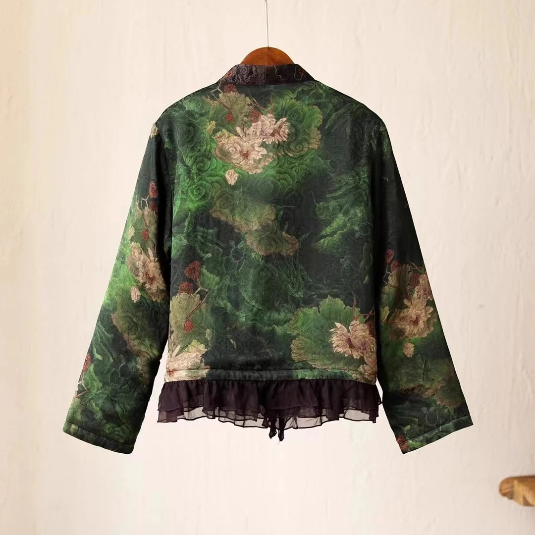 National style winter clothes Green embroidery Warm coat Fashion vintage Women's jacket Luxury designer Short cotton jacket