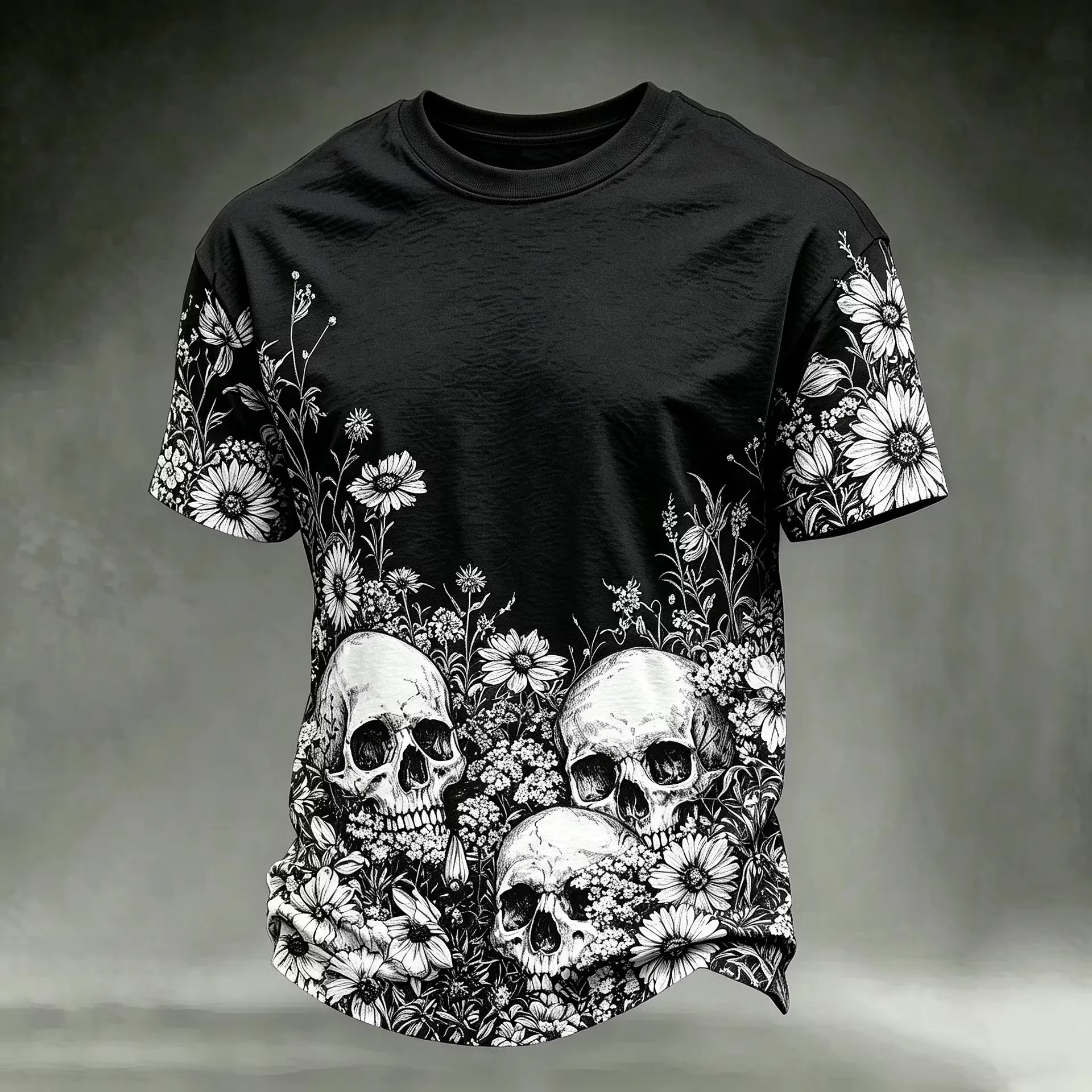 Men Gothic Floral Skull Print T‑Shirt Vintage Botanical Flower Art Pattern O‑Neck Short Sleeve Halloween Streetwear Tee Tops