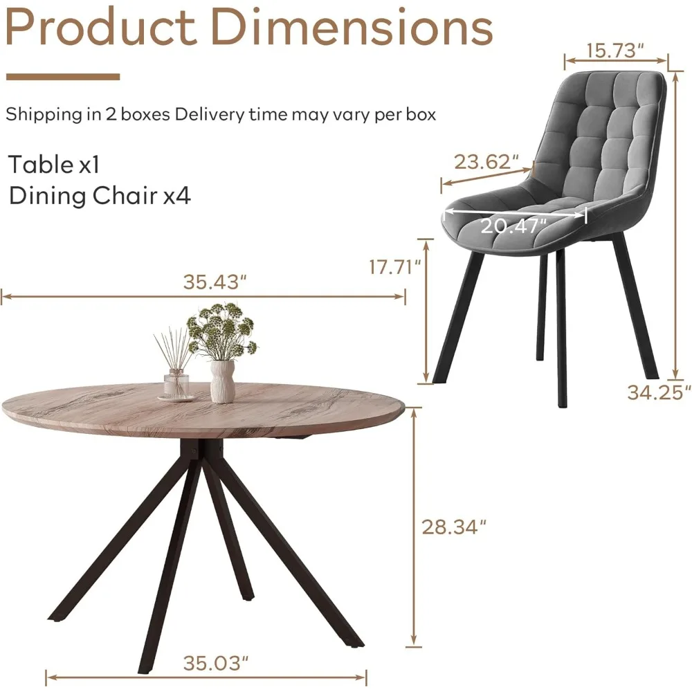 Round Table Set for 4-6 Person, 35.5" Wooden Dining Table Set, Modern Kitchen Table with Upholstered Chairs