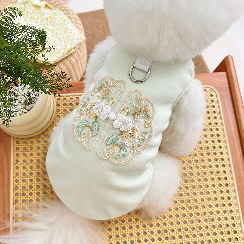 New Chinese Style Spring and Summer New Pet Dog Dog Cat Clothes Teddy Bichon Buckle Embroidery Traction Vest