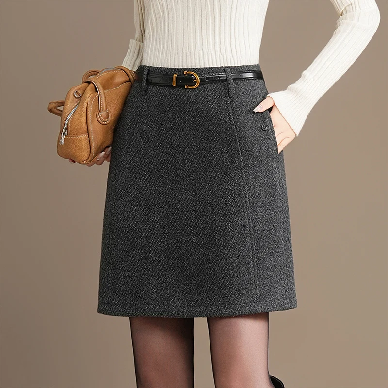 

Ele High Waist A-Line Skirt Women's Woolen Skirt Slimming Sli Commute ort Skirt Korean Sle Polyester Fiber