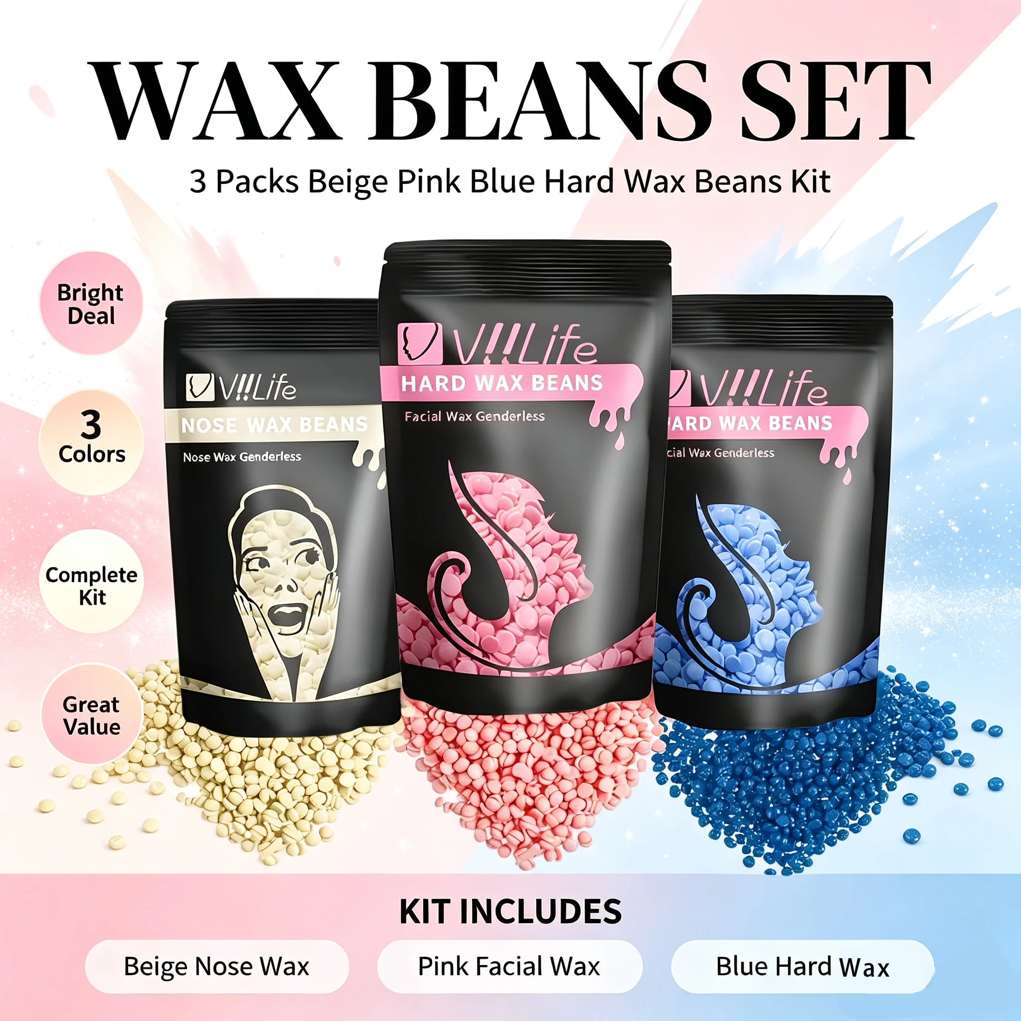 3 Color Hard Wax Beans Refill Kit, Unisex No-Strip Wax Gentle Smooth Depilation for Home Salon Daily Use