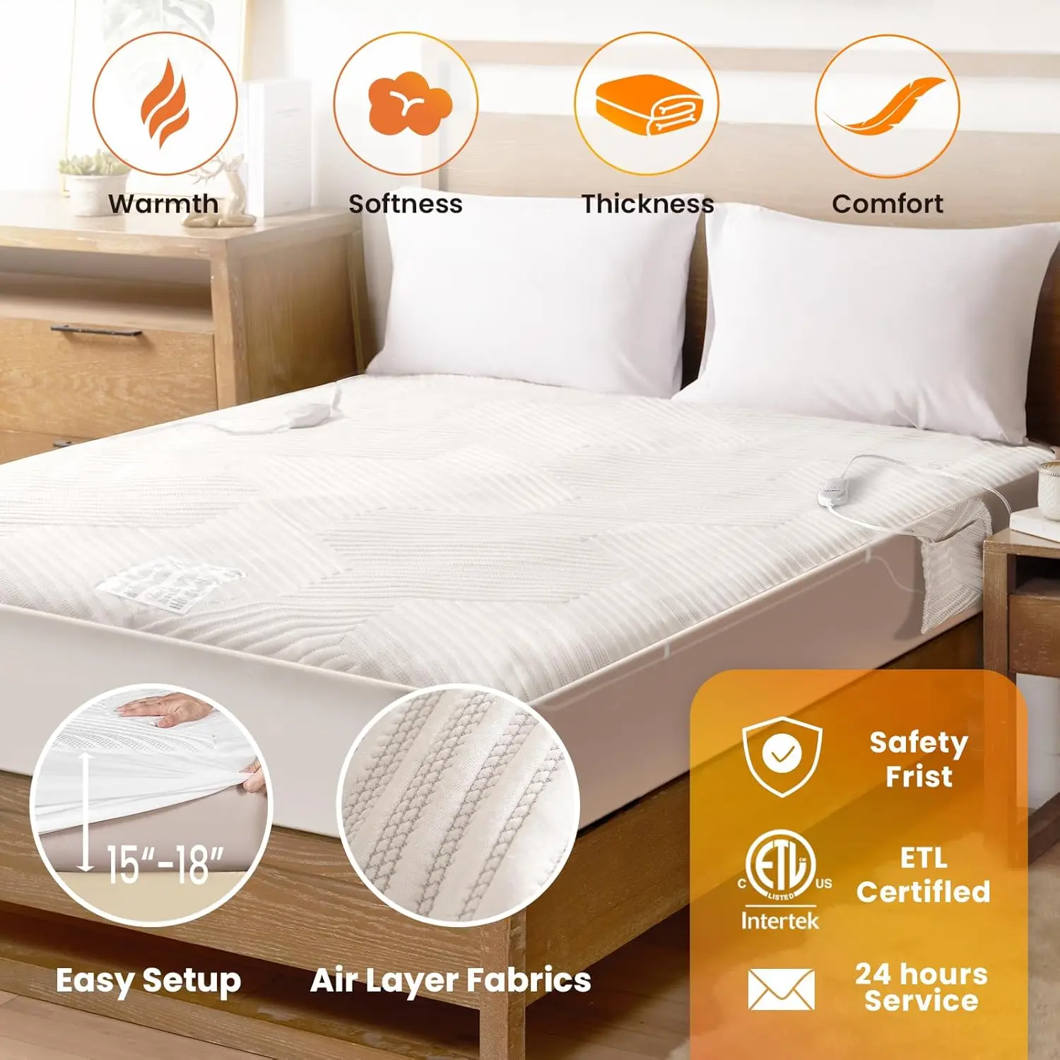 Queen Size Electric Heated Mattress Pad with Dual Control, Deep Pocket, Side Storage Pouch, Machine Washable Grey