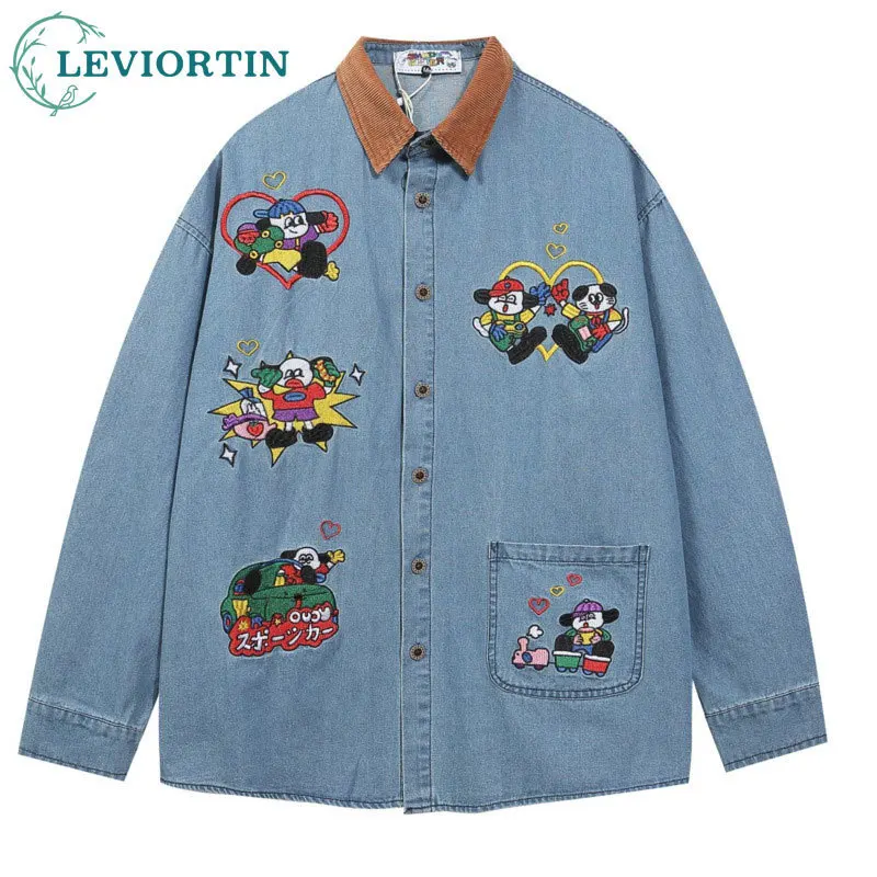 American autumn puppy denim vintage washed, distressed, contrasting cartoon embroidery long sleeved loose shirt 3MO-C1274