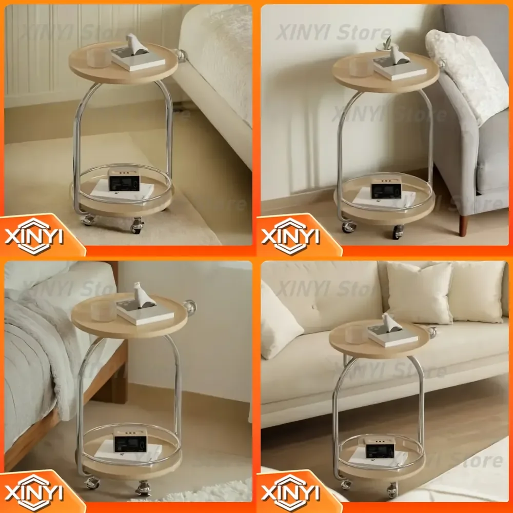 Cream Wind Moving Side Table for Living Room Round Small Cart Coffee Table High Appearance Stainless Steel Sofa Table for