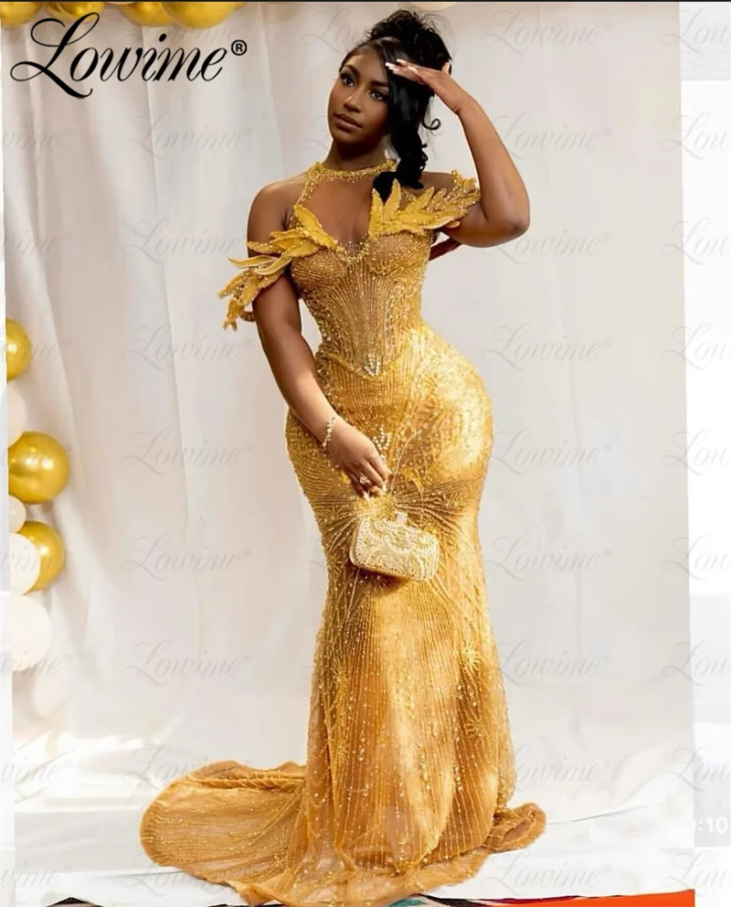 Gold African Prom Dresses Arabic Mermaid Evening Gowns Off Shoulder Plus Size Custom Made Long Party Dress Robe de Soirée 2024