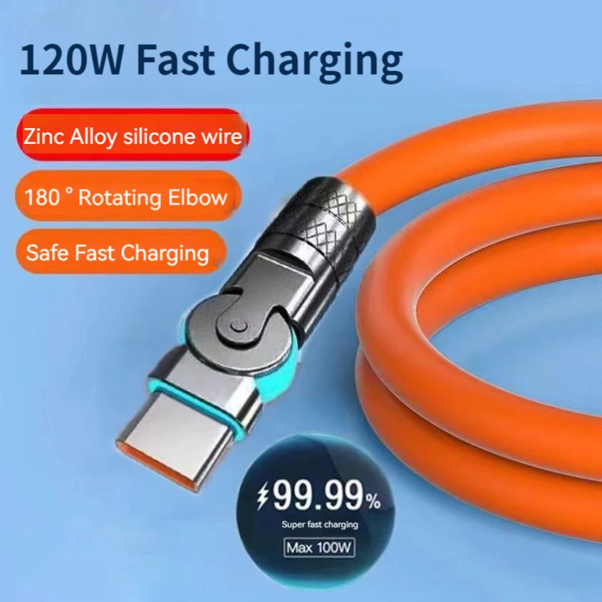 Cable de datos tipo C de 120 W y 6 A, carga súper rápida, silicona con codo giratorio de 180°, 1 m 2 m, cable USB C a C 2