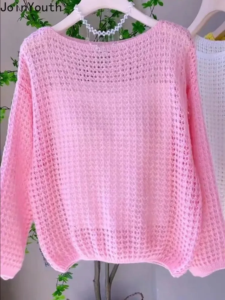 Jersey de manga larga con cuello redondo para Mujer, suéter corto de punto calado fino, Tops a la moda, 2024