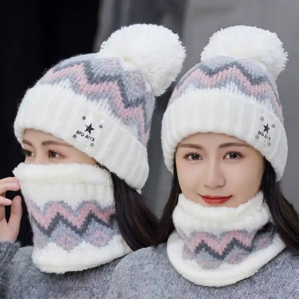 

Plus Velvet Beanies Hat Winter Windproof Ear Protection Neck Warmer Thick Warm Knit Skull Cap Women