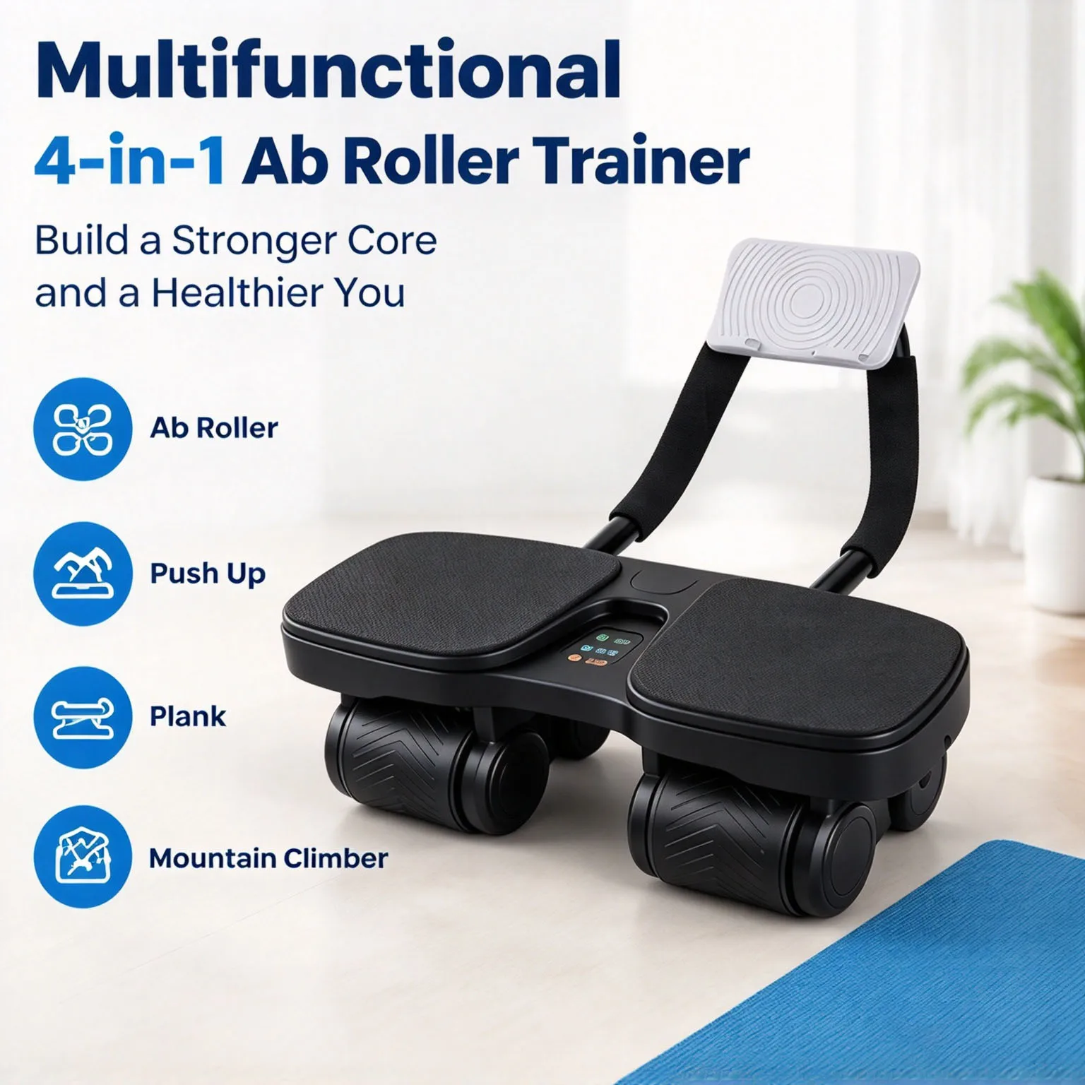 Multifunctional 4-in-1 Ab Roller Trainer 4 Wheels Abdominal Workout Equipment Detachable Gym Tool with Non-slip Mat Hand Grips