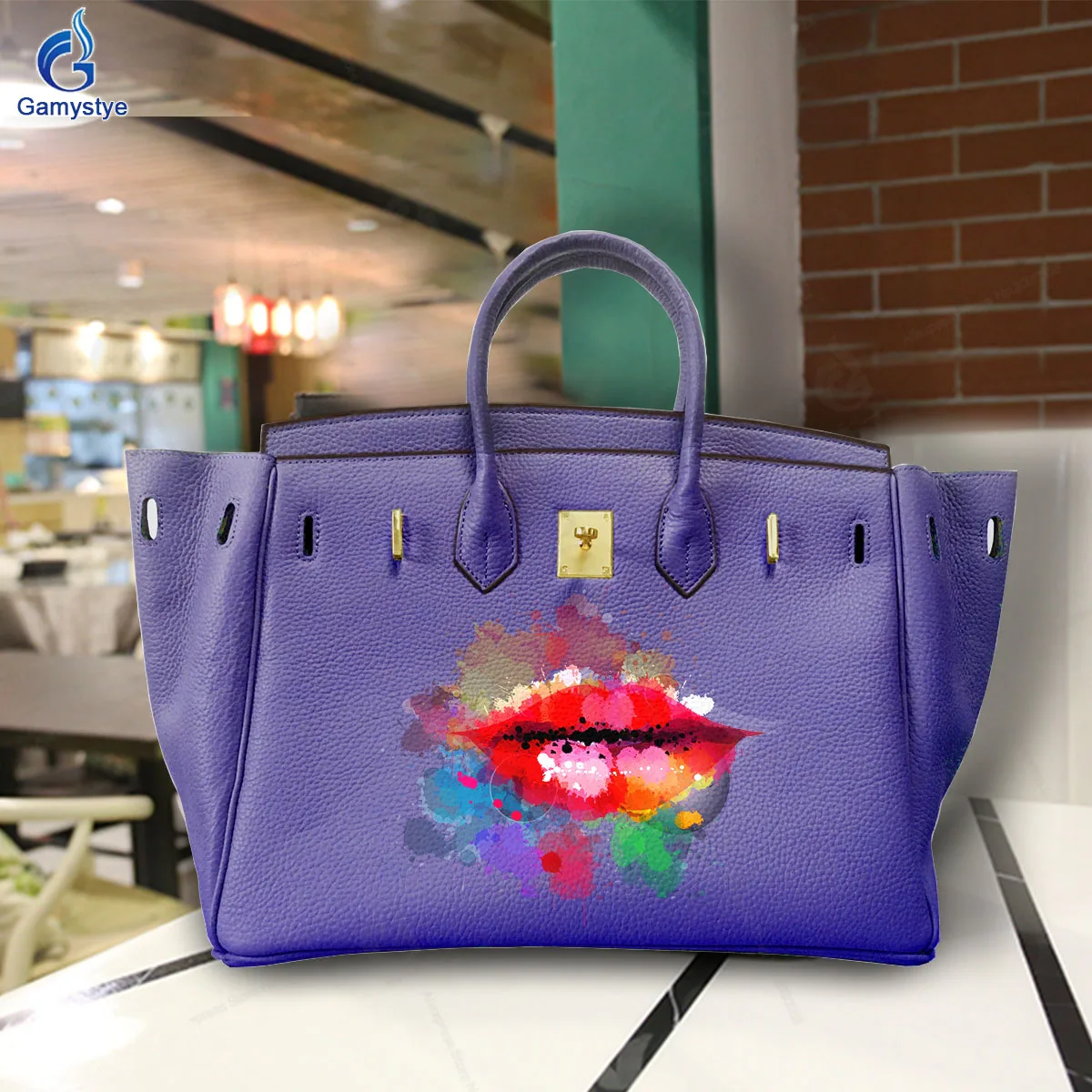 Art Print Colored lips Customize Totes 100% Cowhide Leather Designer Totes Women purses and handbags Gold Lock Hardware Fashion