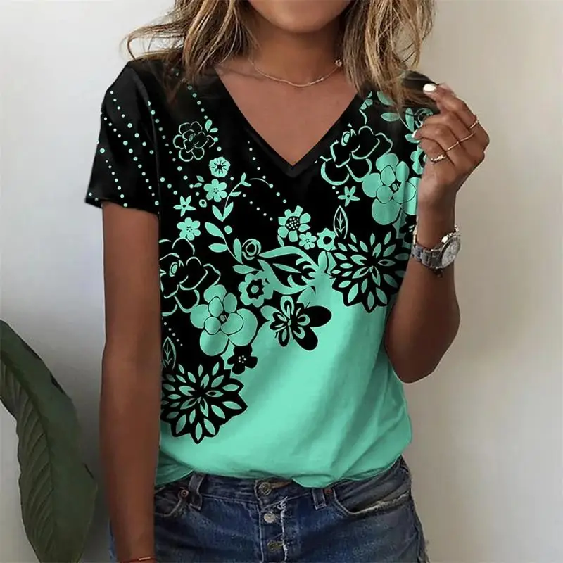 Ladies Two Tone Gradient V Neck Top Floral Outline Print Polka Dot Short Sleeve Loose Summer Casual T-shirt