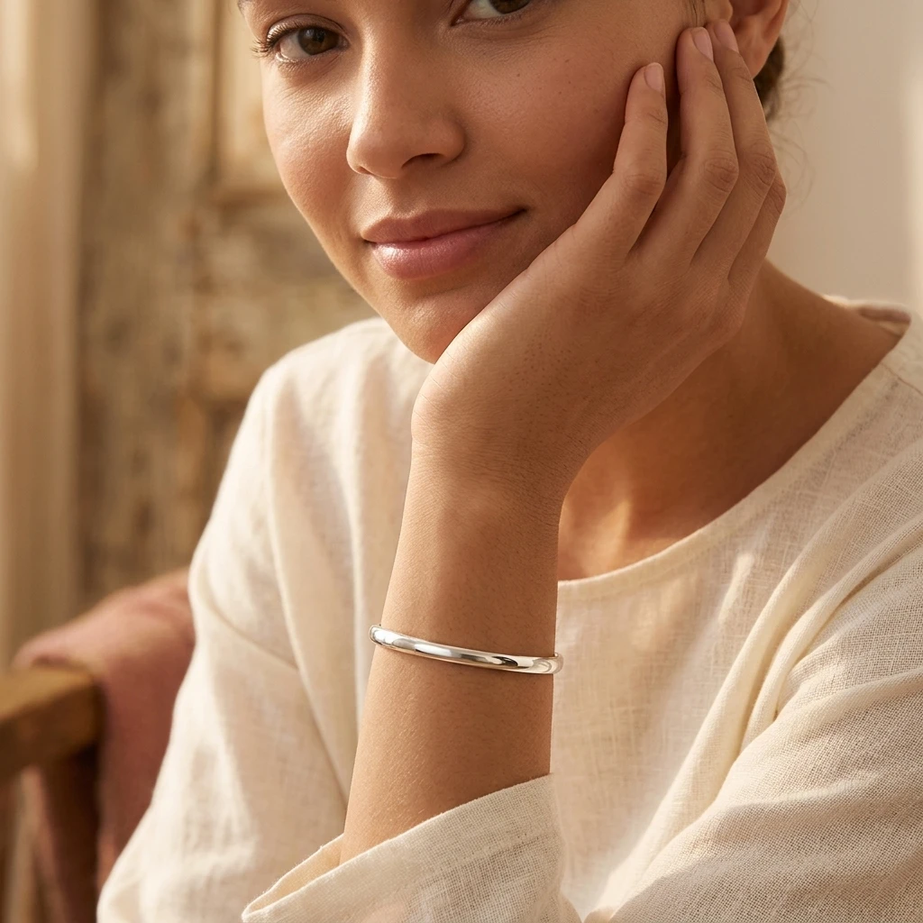Miia Jewelry 18K Gold Silver Stainless Steel Thin Plain Bangle Minimalist Polished Solid Round Closed Cuff Bracelet For Women