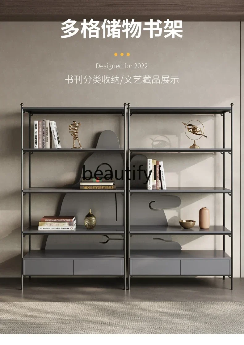 2003Light luxury bookshelf stainless steel multi-layer display shelf metal Nordic floor bookcase living room