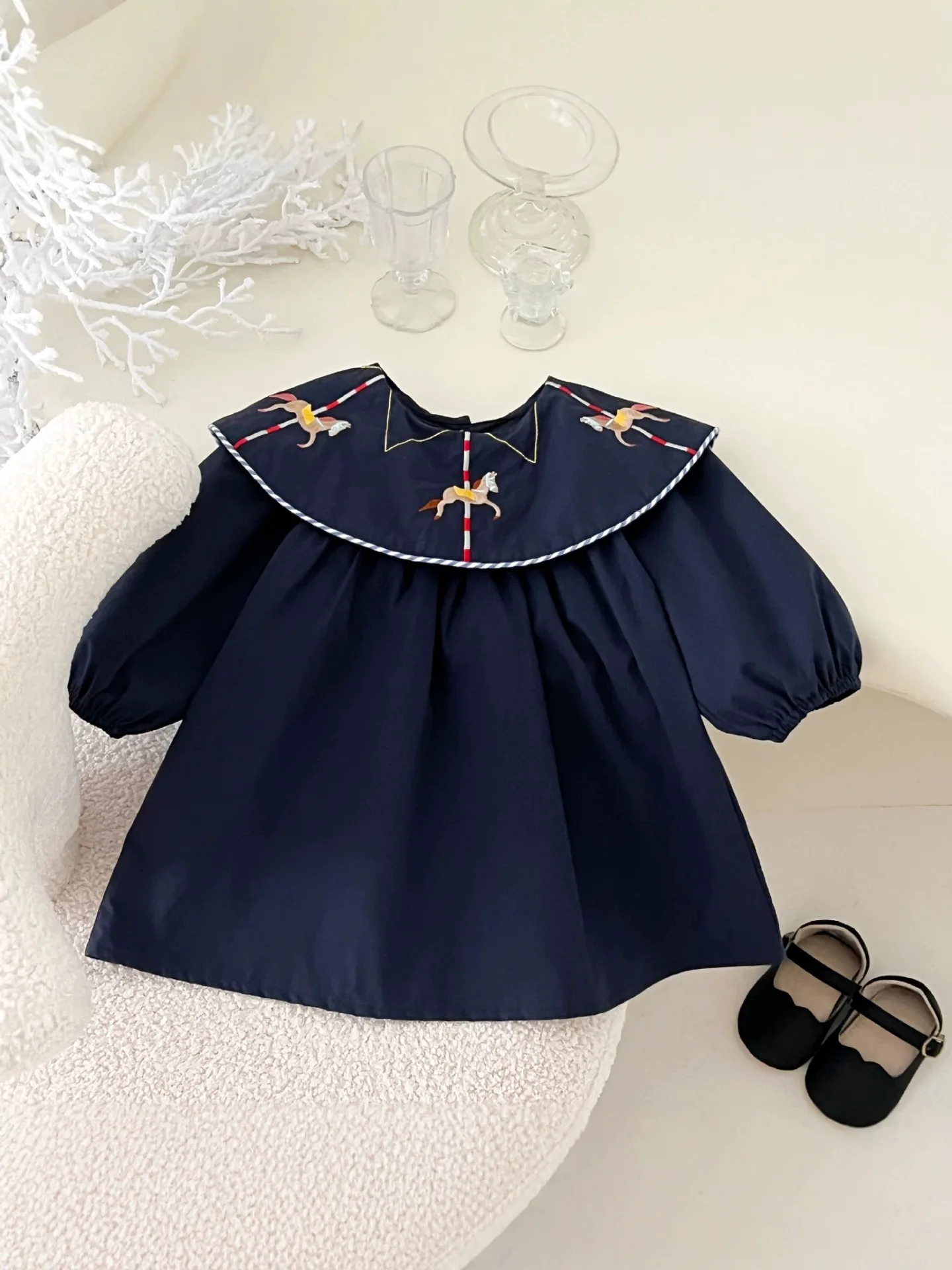 2026 Autumn New Children Long Sleeve Dress Cotton Girls Vintage Dress Baby Girl Embroidery Ruffle Collar Dress Toddler Clothes