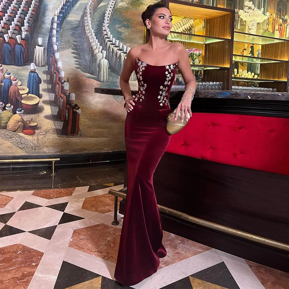 

Customized Luxury Evening Dress Crystal Velvet Trumpet/Mermaid Women's Evening Gowns Long Sleeveless Burgundy Formal Party Dress