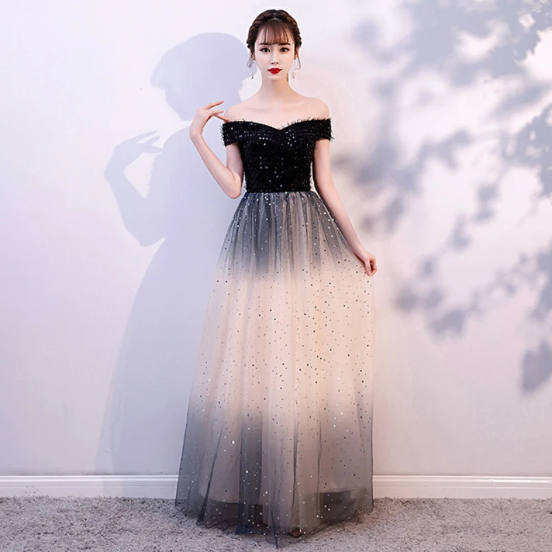 

Women's Evening Dress French Style Simple Boat Neck Floor-Length A-Line Prom Dresses Tulle Sequins Elegant Host Banquet Gowns