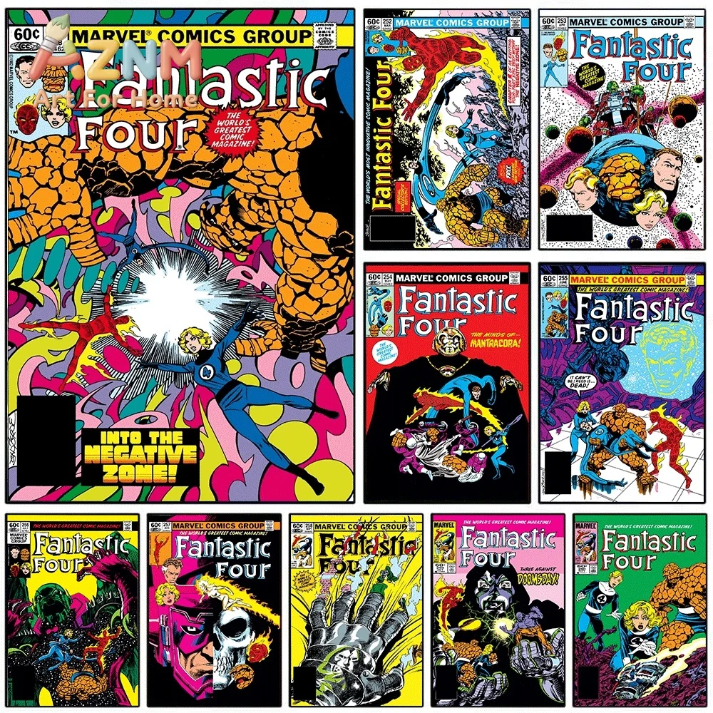 AZNM Fantastic Four Into The Negative Zone Vintage Comic Cover Collage Canvas Wall Art Unframed Print, Superhero Poster for Be