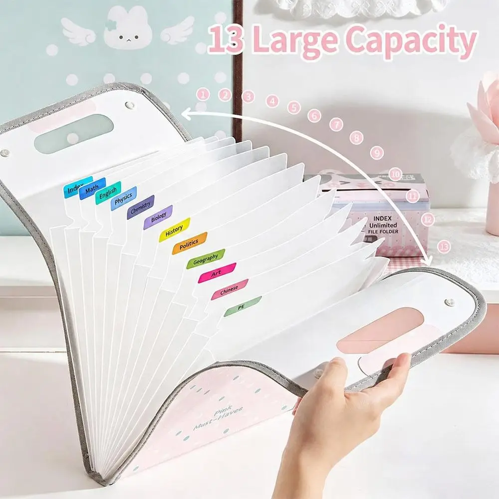 PP Accordion File Organizer Vertical Multi-Compartment Structure Expanding File Folder Cute Pattern Portable Carry Handle
