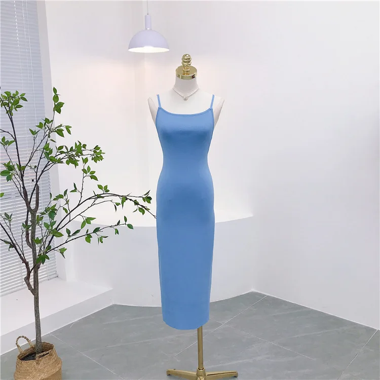 

1685 Summer New Off-Shoulder Backless Slim Fit Sexy Ice Silk Over-Knee Tank Strap Dress