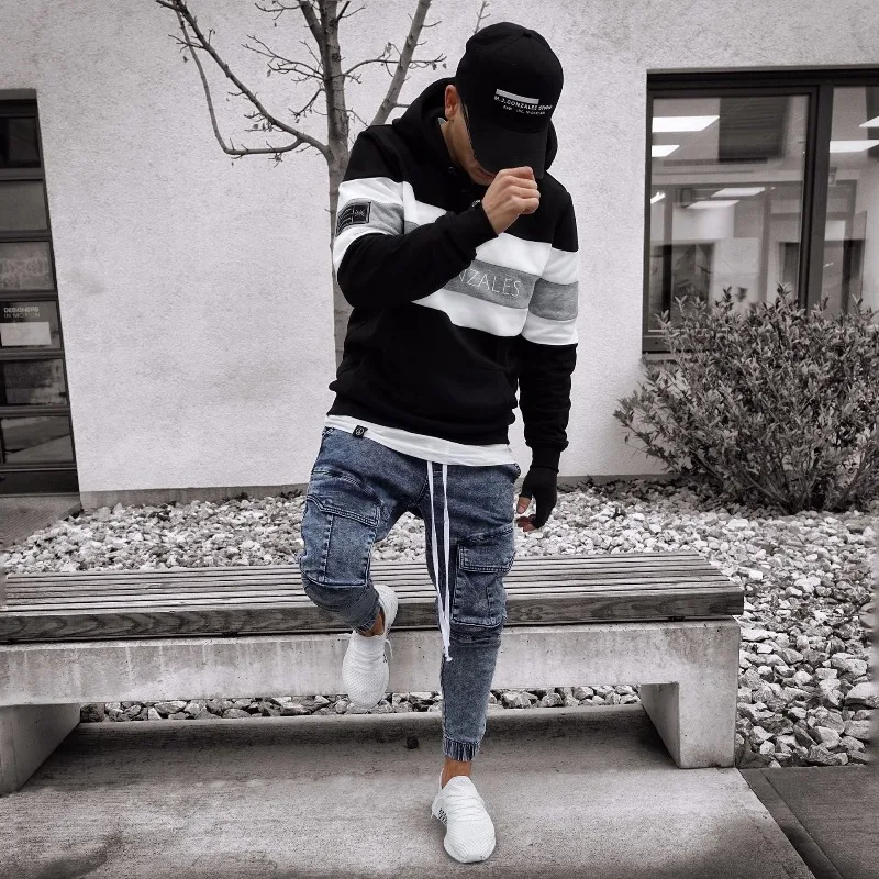 

Men Jeans Streetwear Cargo Side Pockets Pencil Pants Safari Jeans Ankle Length Fashion Europe America Distressed Denim Trousers