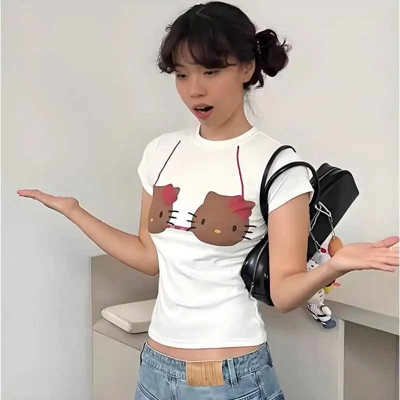 

Y2K American Style Personality Hello Kitty Printed Short Sleeved Summer New Cotton Crop Top Women Spicy Girl Top Women Clothes