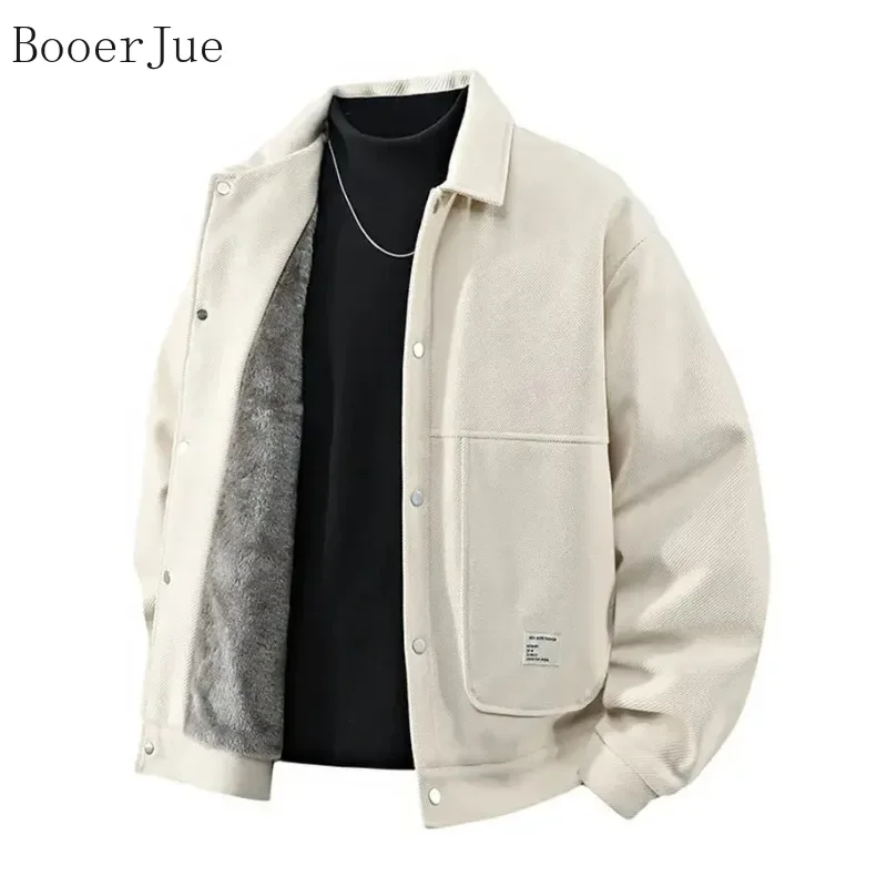 Autumn Winter Men's Workwear Style Twill Velvet Jacket Turn-down Collar Fleece Lined Warm Casual Coat Outdoor Camping Sports