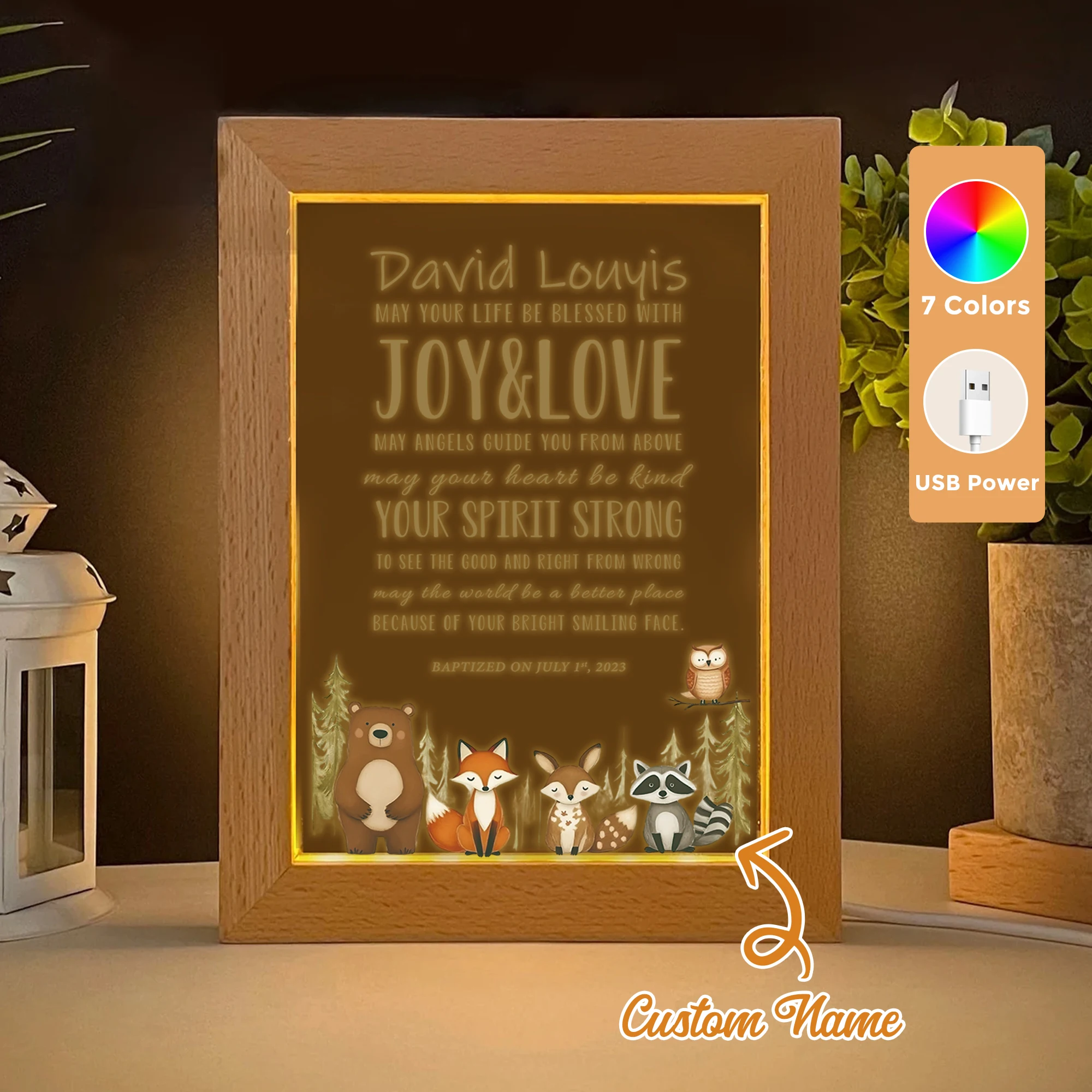 

2D Flat Custom Name Christian Believers LED Acrylic Night Light Wood Photo Frame 21x17cm Family Bedroom Gifts Home Decor