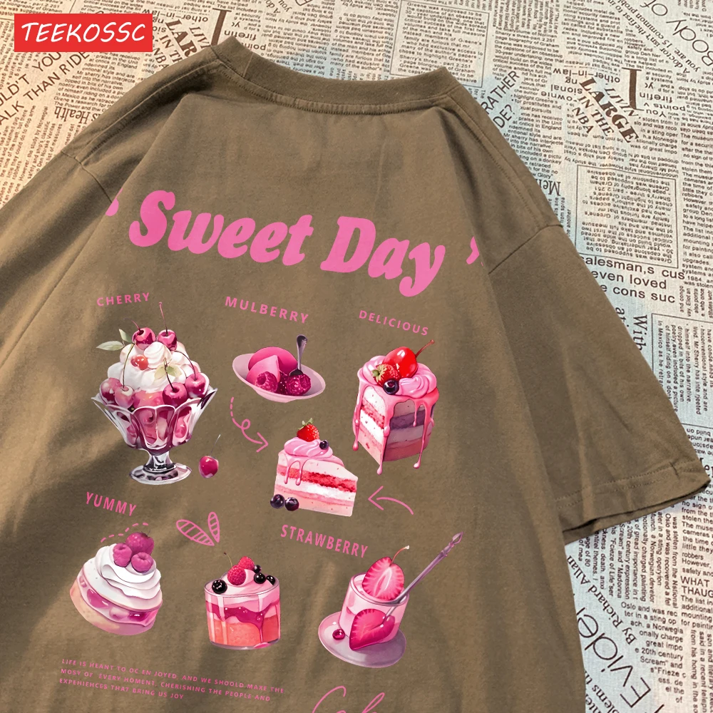 Street Cotton Womans T-Shirts Sweet Day Pink Ice Cream Cake Printed Streetwear Miękkie, oddychające, oversize Trend Odzież damska