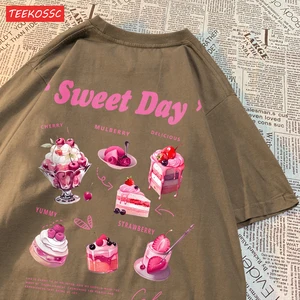 Rua Baumwolle Frau süß T -Shirts Pink -Eiskuchen gedruckt Streetwear Weich atmungsable Trend Übergroße Frauenkleidung 6 Hauptverkäufe übergroße Pink -Shirt - №2