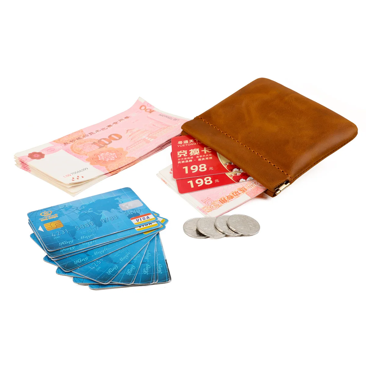 Genuine Leather Small Coin Purse Automatic Closure Card Holder Retro Storage Bag Leather Key Case