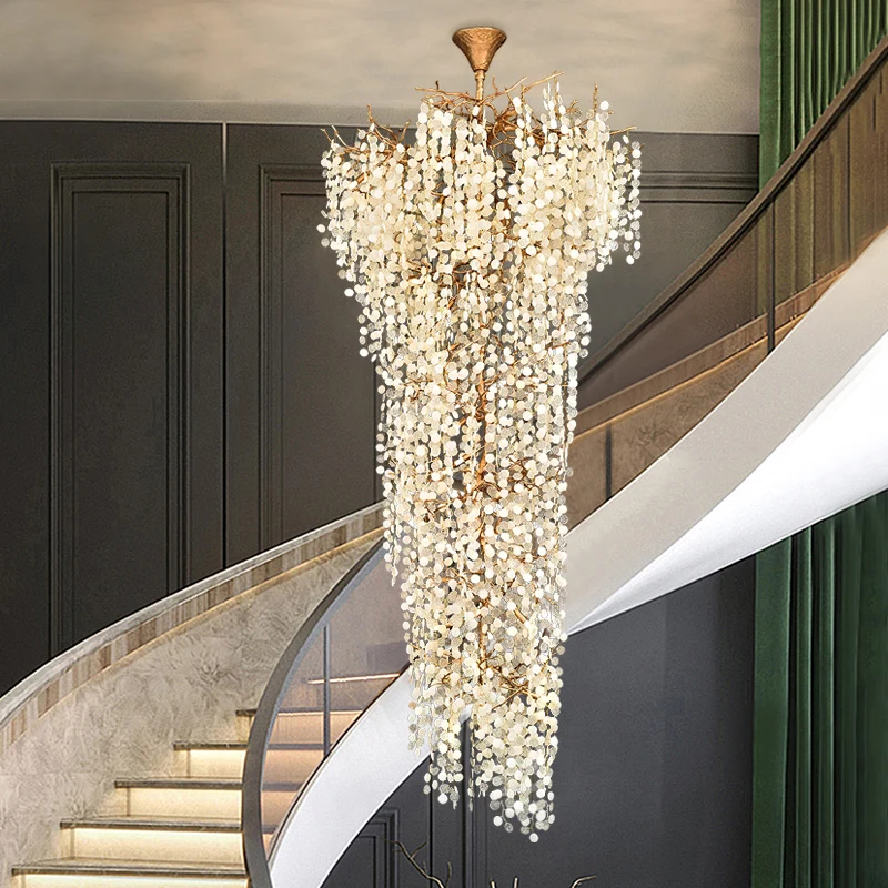 Candelabros de cristal grandes de lujo, diseño de escalera de rama de cobre, techo alto, sala de estar, vestíbulo, entrada, accesorio de iluminación colgante